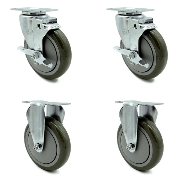 Service Caster 5 Inch Gray Polyurethane Swivel Top Plate Caster Set with 2 Brakes 2 Rigid SCC SCC-20S514-PPUB-TLB-2-R514-2